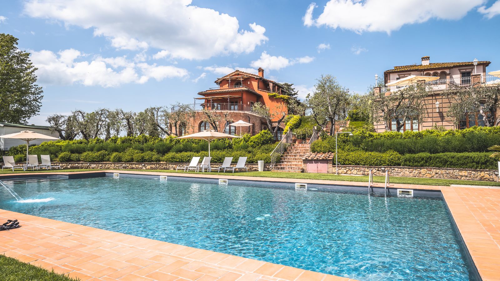 Grande piscine bordée de terre cuite devant une maison ancienne entourée d’oliviers